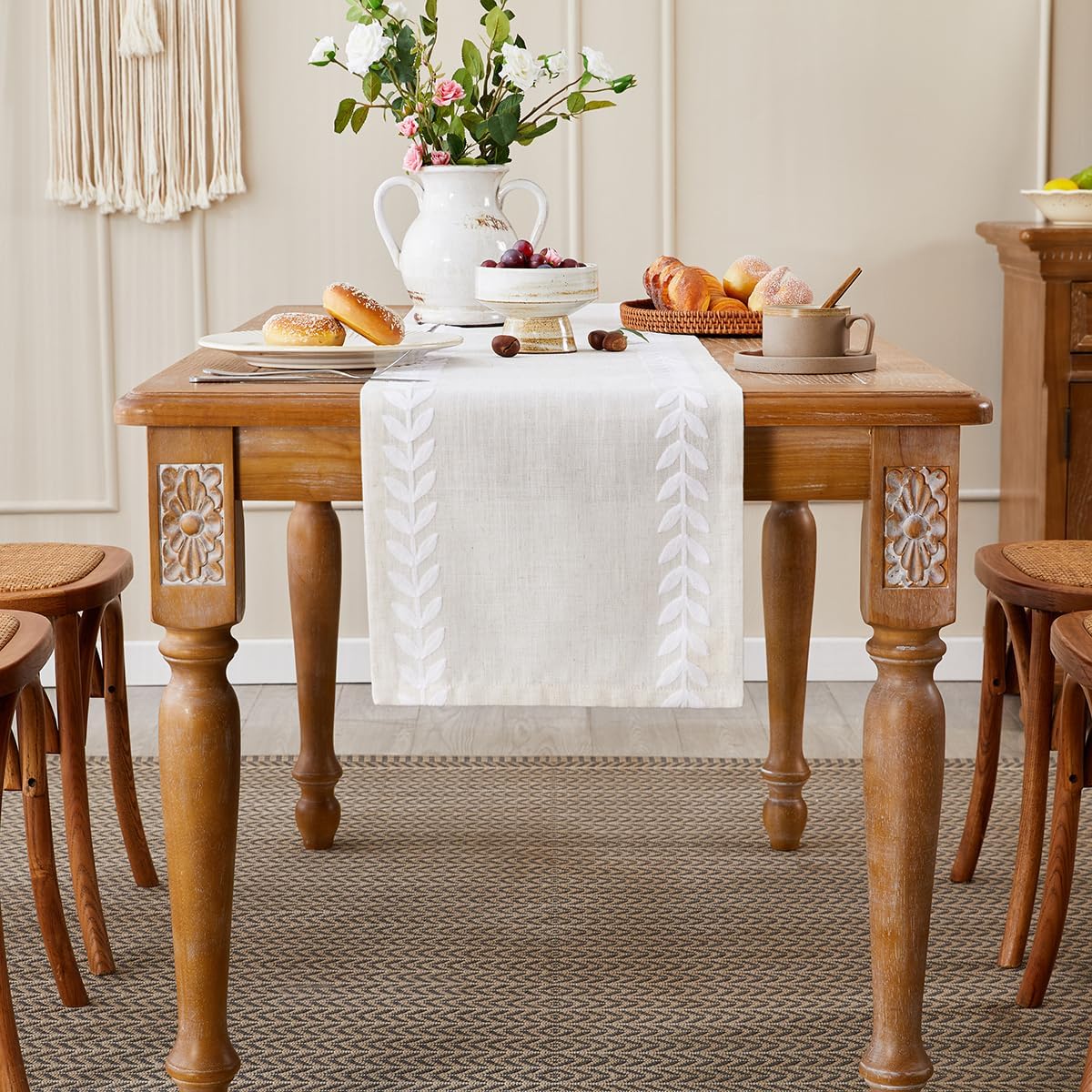 Embroidered Table Runner Irregular Willow Leaf Table Runner 72 Inches Long for Dressing Table Home Table Decoration, 14 x 72 Inches, White