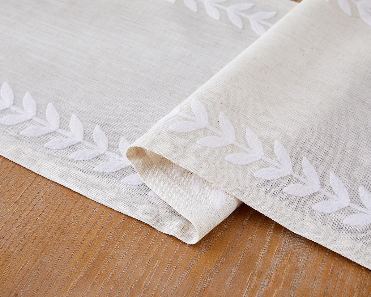 Embroidered Table Runner Irregular Willow Leaf Table Runner 72 Inches Long for Dressing Table Home Table Decoration, 14 x 72 Inches, White