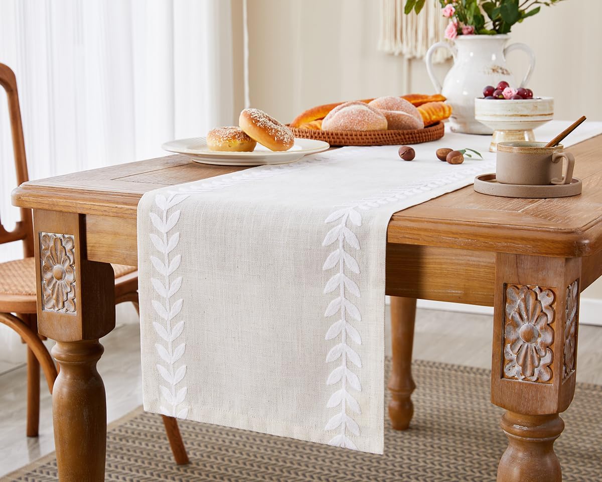 Embroidered Table Runner Irregular Willow Leaf Table Runner 72 Inches Long for Dressing Table Home Table Decoration, 14 x 72 Inches, White