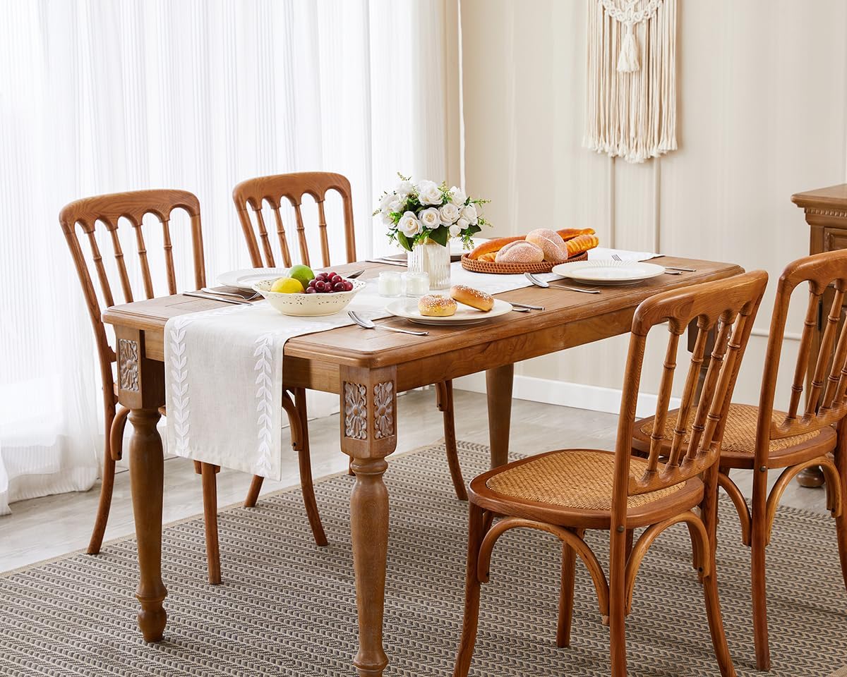 Embroidered Table Runner Irregular Willow Leaf Table Runner 72 Inches Long for Dressing Table Home Table Decoration, 14 x 72 Inches, White