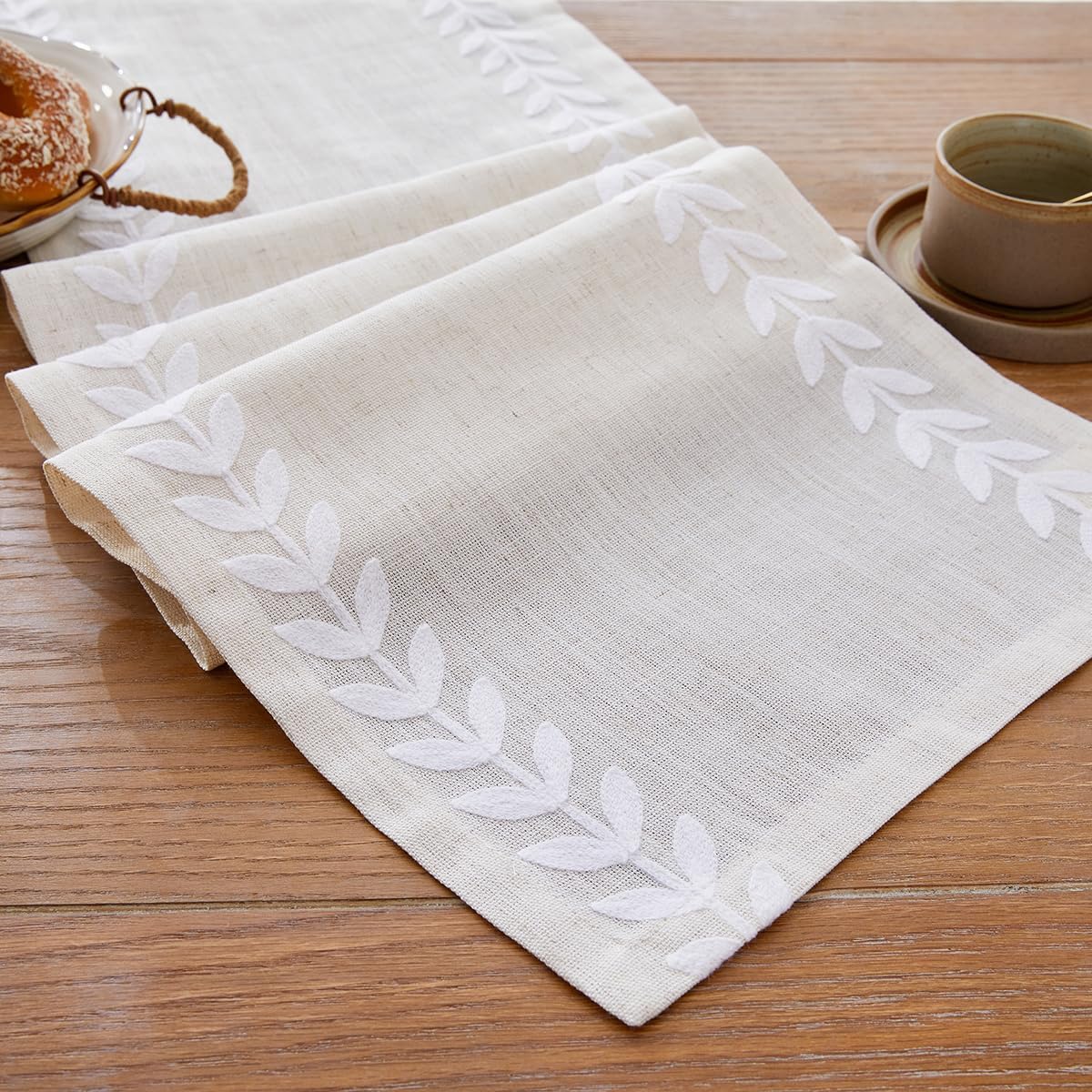 Embroidered Table Runner Irregular Willow Leaf Table Runner 72 Inches Long for Dressing Table Home Table Decoration, 14 x 72 Inches, White