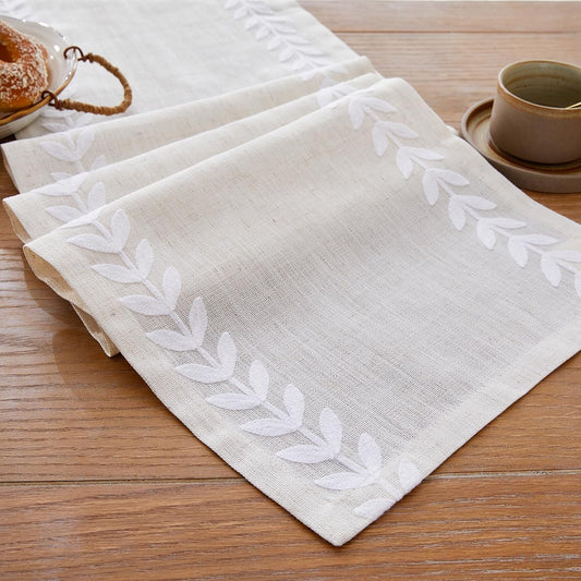 Embroidered Table Runner Irregular Willow Leaf Table Runner 72 Inches Long for Dressing Table Home Table Decoration, 14 x 72 Inches, White