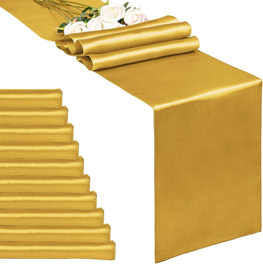 10-pack gold 12 x 108-inch long high-quality satin table runners for weddings, birthday parties, banquets, graduations, engagement decorations, table runners fit for rectangular and round tables