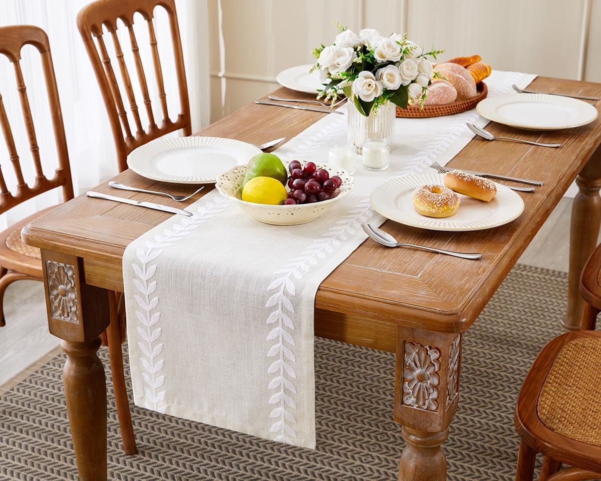 Embroidered Table Runner Irregular Willow Leaf Table Runner 72 Inches Long for Dressing Table Home Table Decoration, 14 x 72 Inches, White