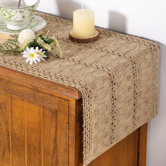 Bohemian Table Runner Summer Farmhouse Burlap Jute Bamboo Rustic Dining Room Kitchen Centerpiece Woven Coffee Table Runner for Dressing Table Scarf Home Decor 12x48 Inch