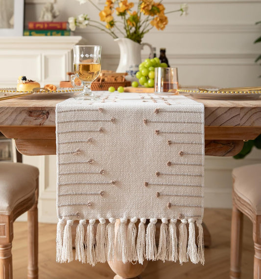 Table Runner 13 x 90 inches long natural cotton woven table runner with tassels for home table decoration, suitable for modern farmhouse decor coffee table runner