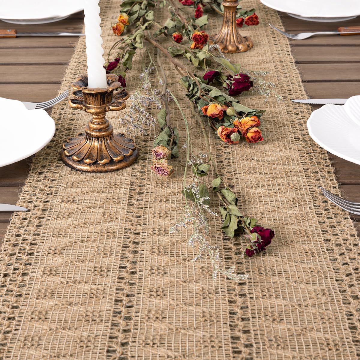 Bohemian Table Runner Summer Farmhouse Burlap Jute Bamboo Rustic Dining Room Kitchen Centerpiece Woven Coffee Table Runner for Dressing Table Scarf Home Decor 12x48 Inch