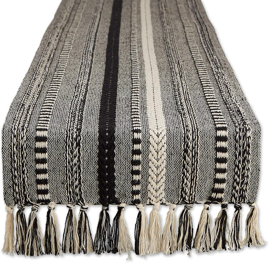 Woven Stripe Table Runner, 15x72 (15x77 with tassel), Black