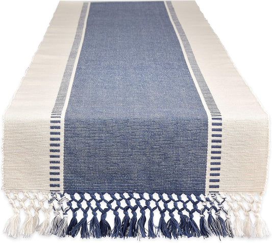 13"x72" Woven Table Runner with Tassels – Blue and White Boho Striped Cotton-Linen Table Decor for Dining Table, Farmhouse or Events