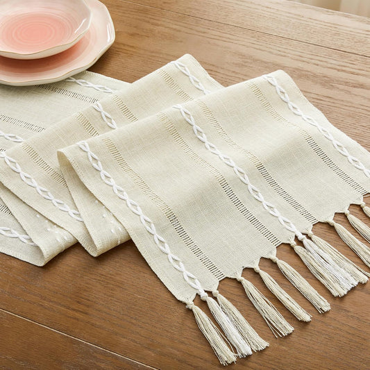 13"x72" Tassel Table Runner – Off-White Woven Dining Table Decor in Minimalist Boho Style for Kitchen, Console, or Party Use